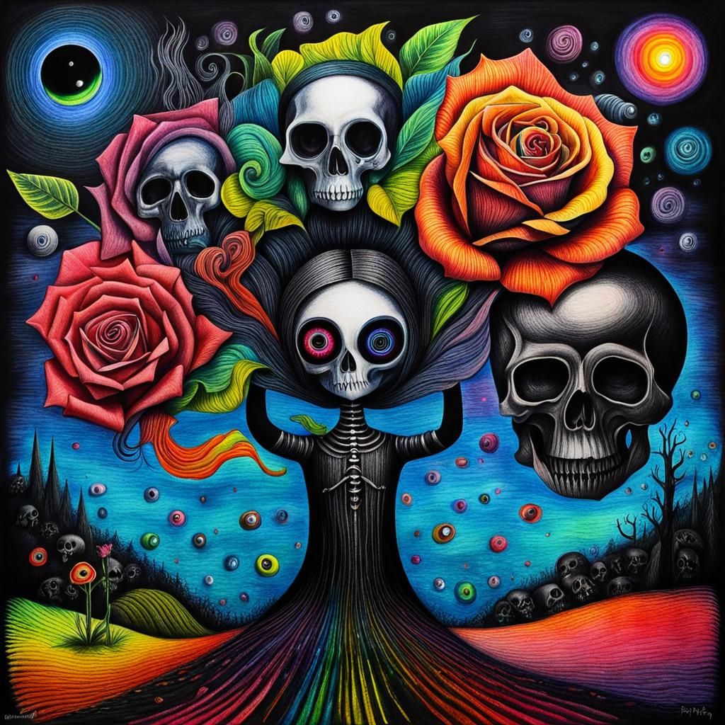 Surreal Crayon Drawing of a Goth Woman