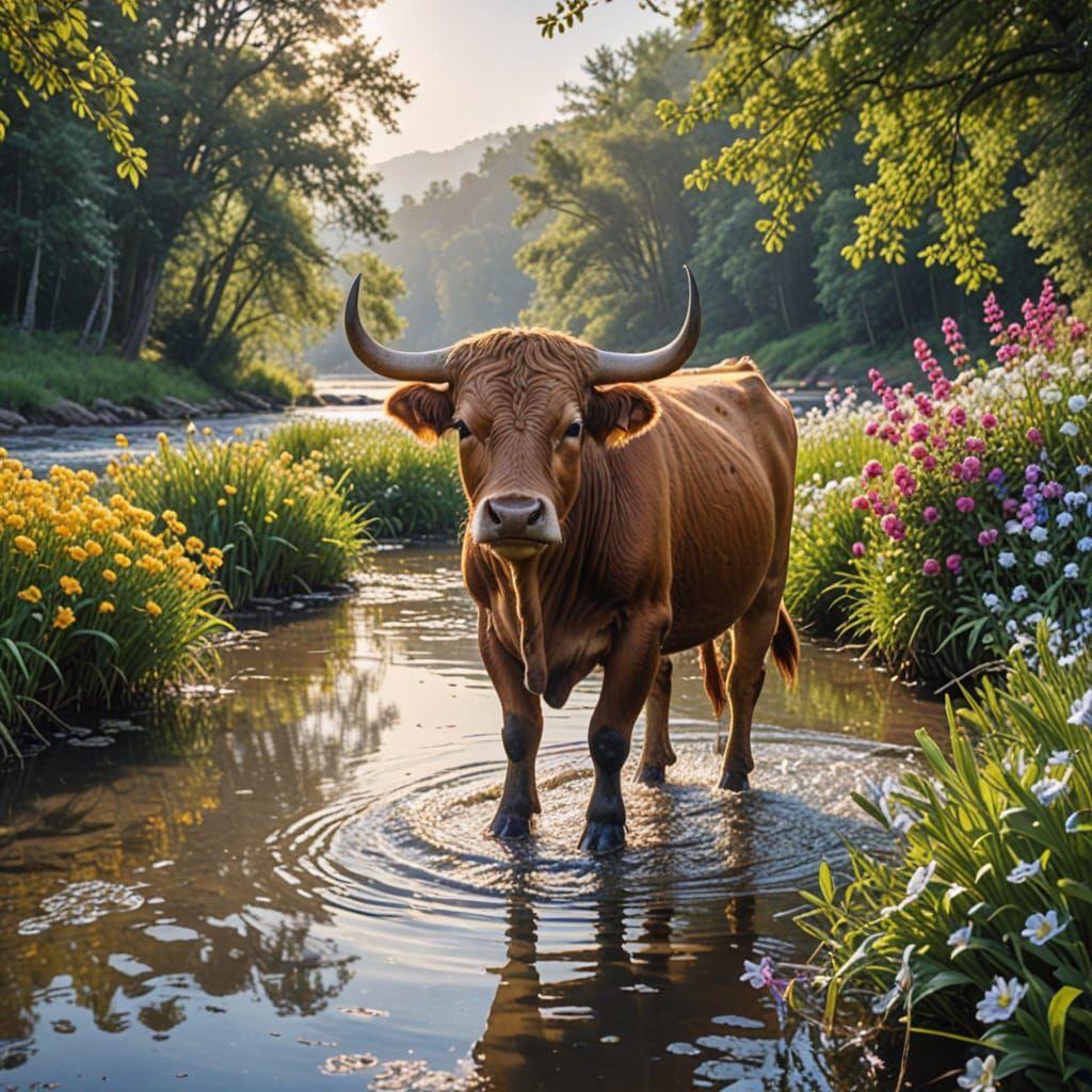 Ox in River with Colorful Clothes, Oil Painting