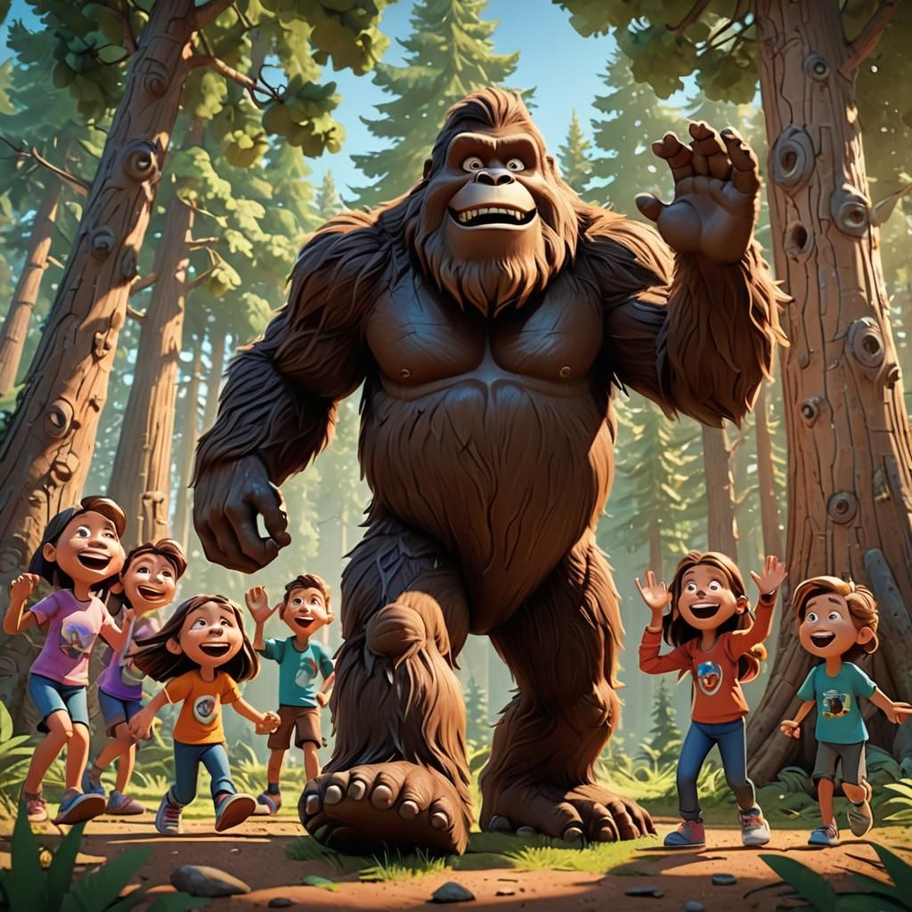 Friendly Bigfoot Plays With Kids: Pixar Style