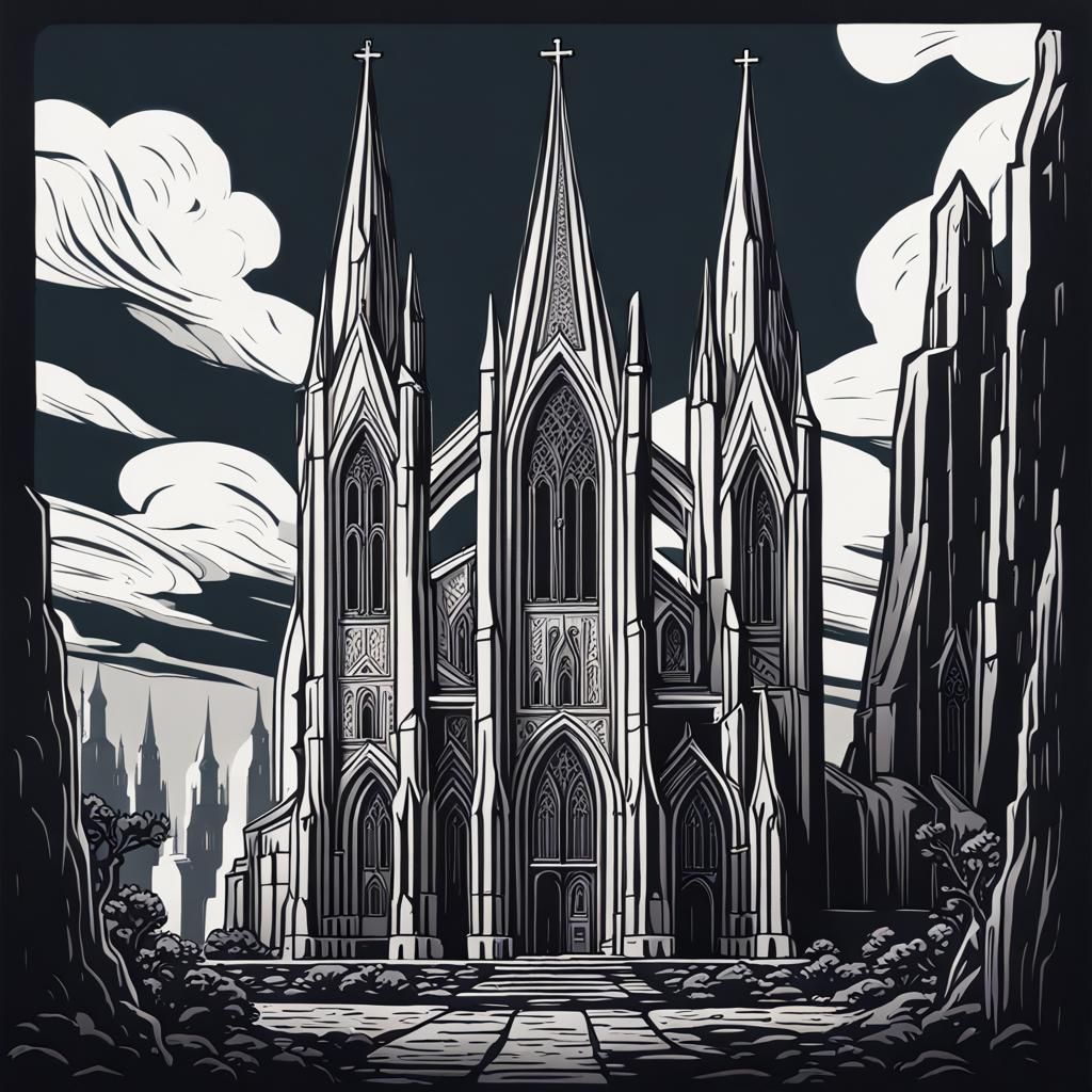 Stylized Monochrome Linocut of a Cathedral