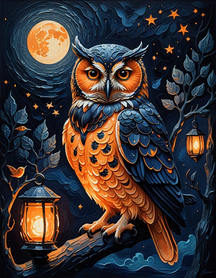 Solemn Owl on Glowing Lanternfish in Night Sky