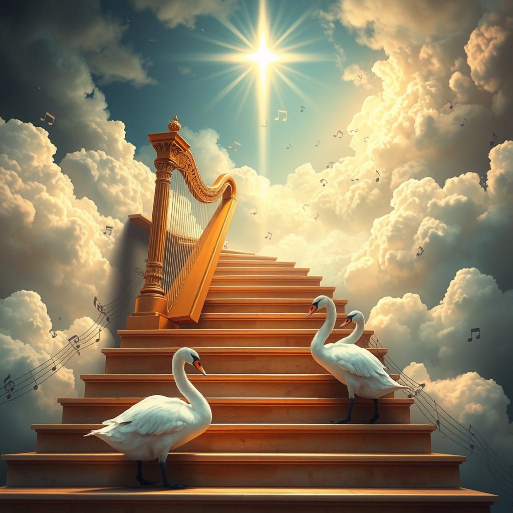 Ethereal Heaven Scene with Harp and Swans