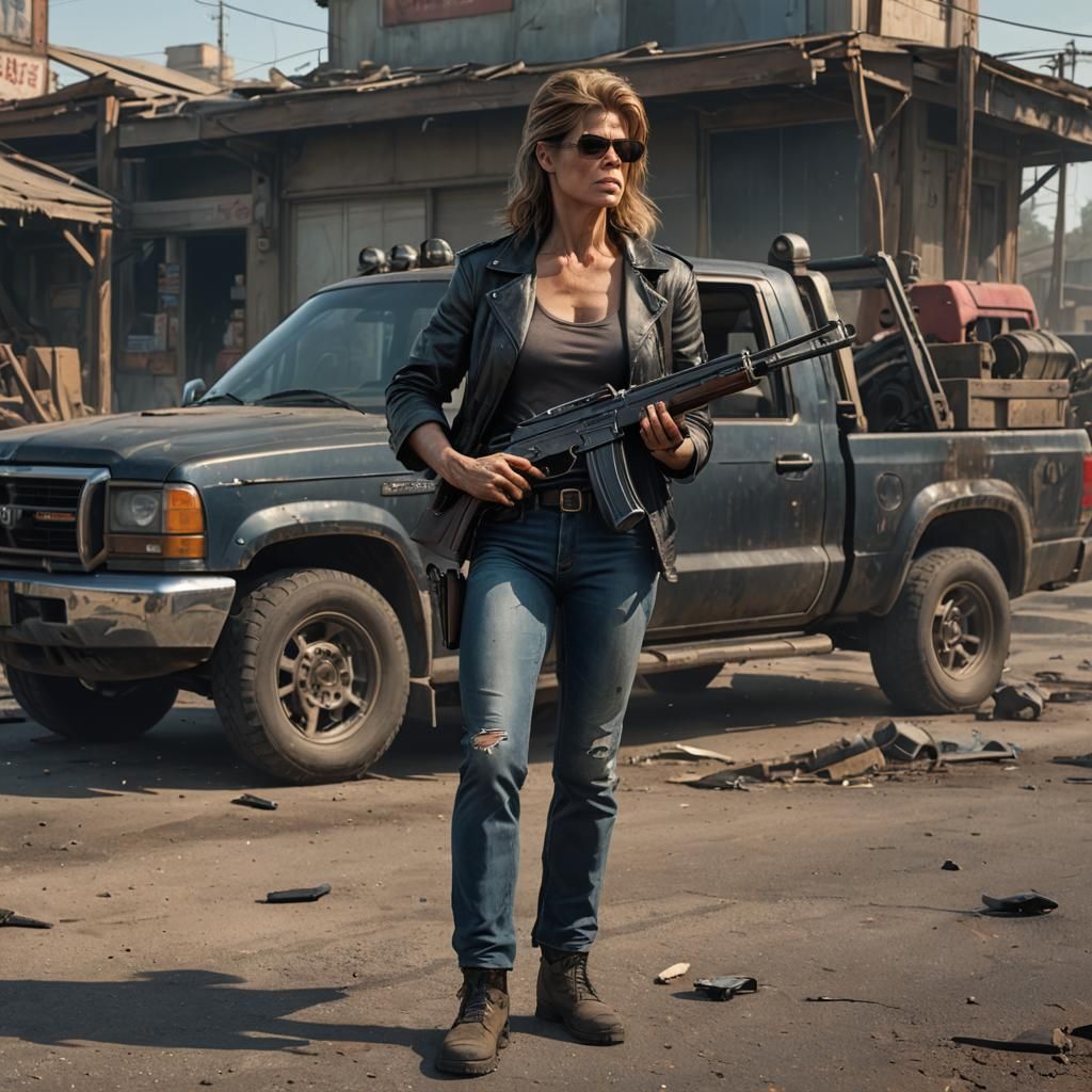 Woman with AK-47 by Pickup Truck