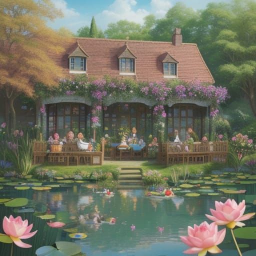 Whimsical Garden Cats Play Amidst Vibrant Blooms and Elegant...