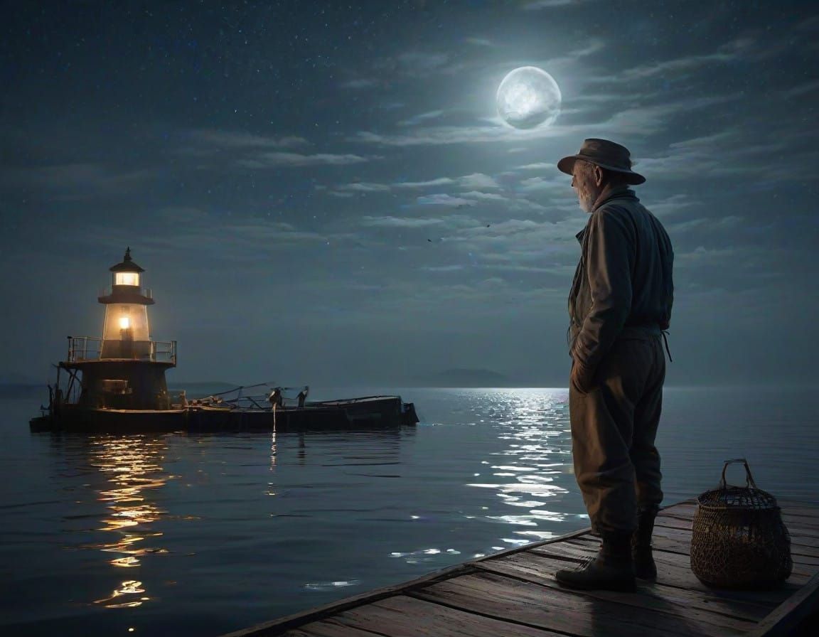 Elderly Fisherman Under Moonlit Lighthouse