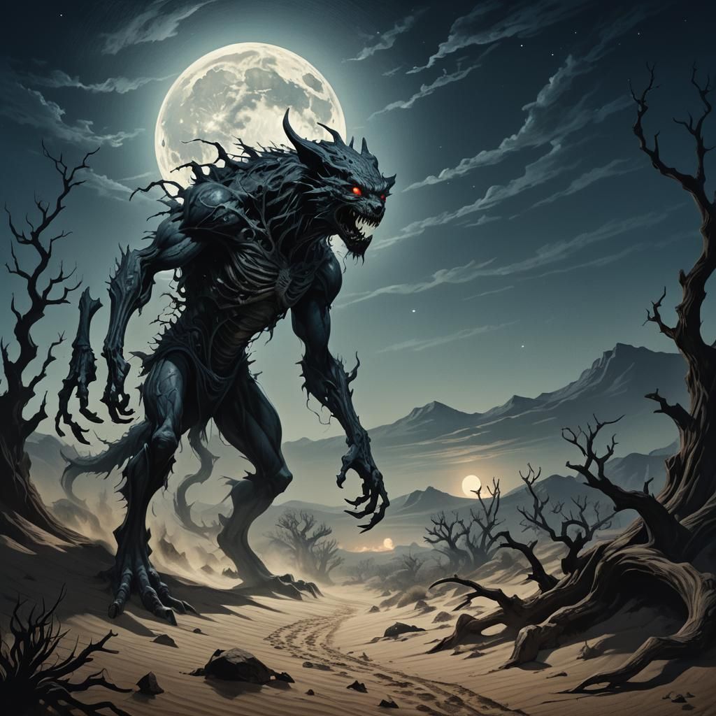 Skinwalker in Desert Moonlight: Dark Surrealism Illustration