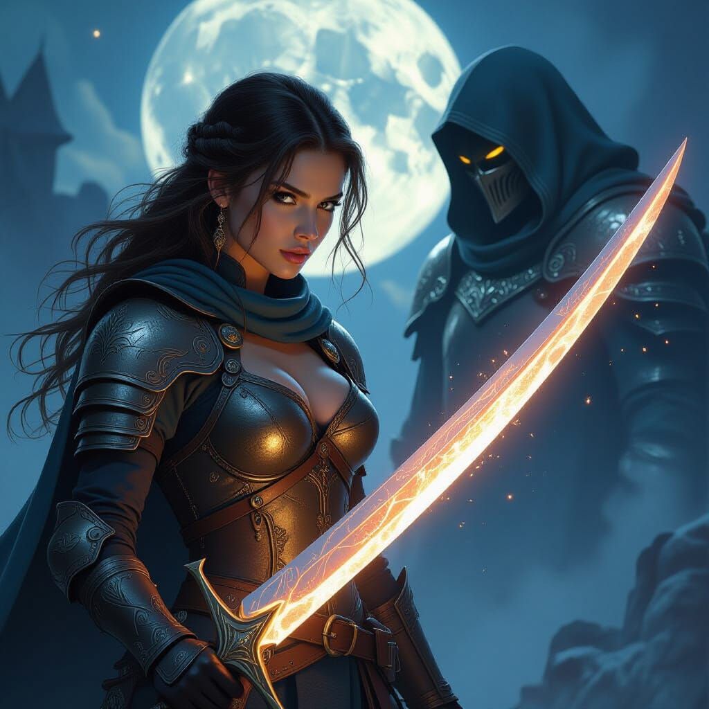 Woman Wields Magical Sword in Moonlit Fantasy