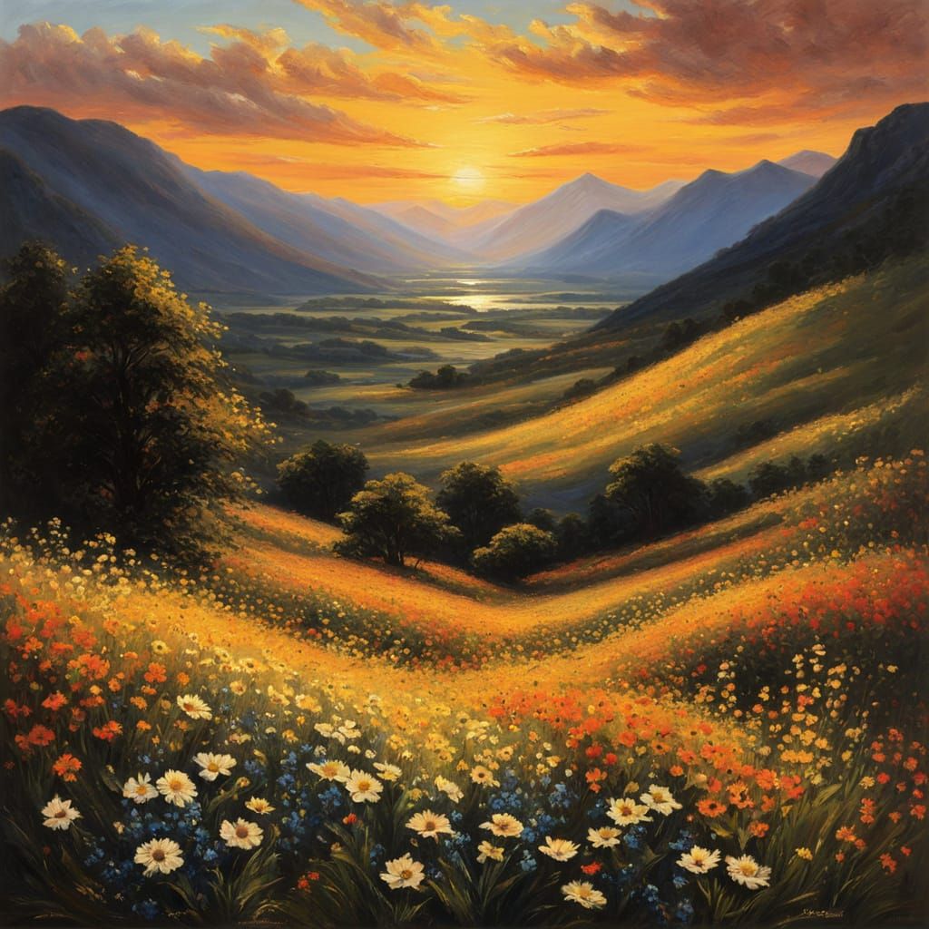 Golden Sunset over Wildflowers in Oil Painting Style