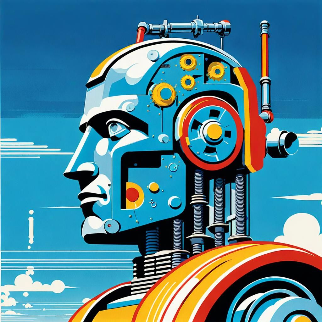 Cyborg Robot Man in 1940s Pop Art Style