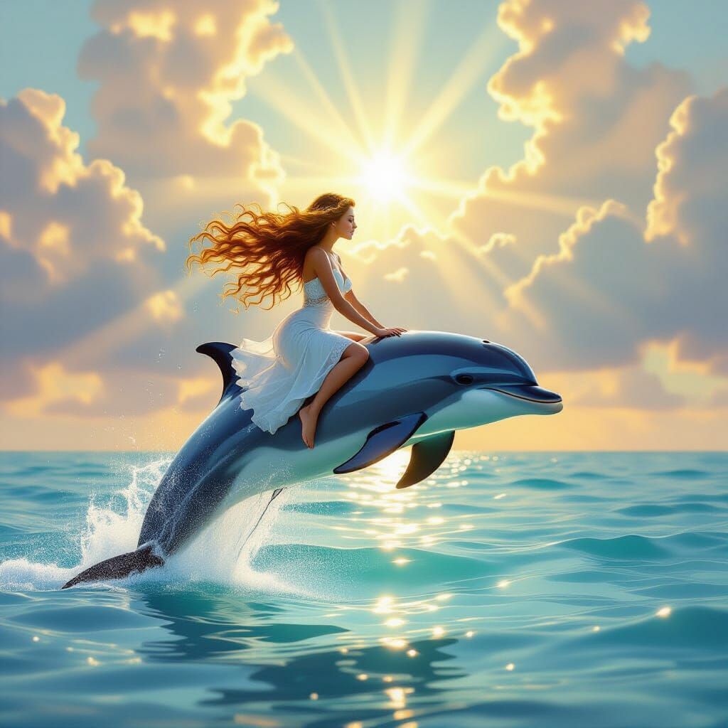 Woman Riding Dolphin in Dreamy Digital Painting