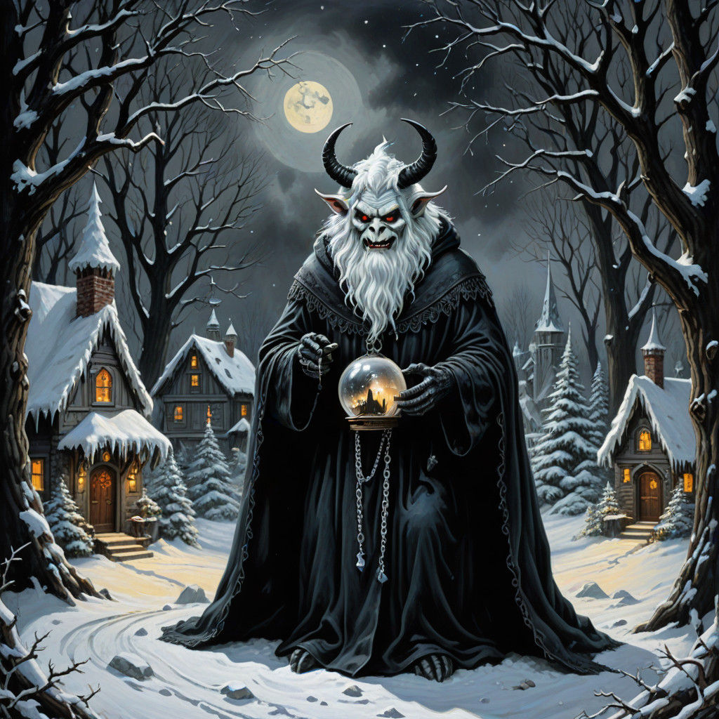 Kryptic Winter Scene in Bavarian Folk Art Style with Krampus