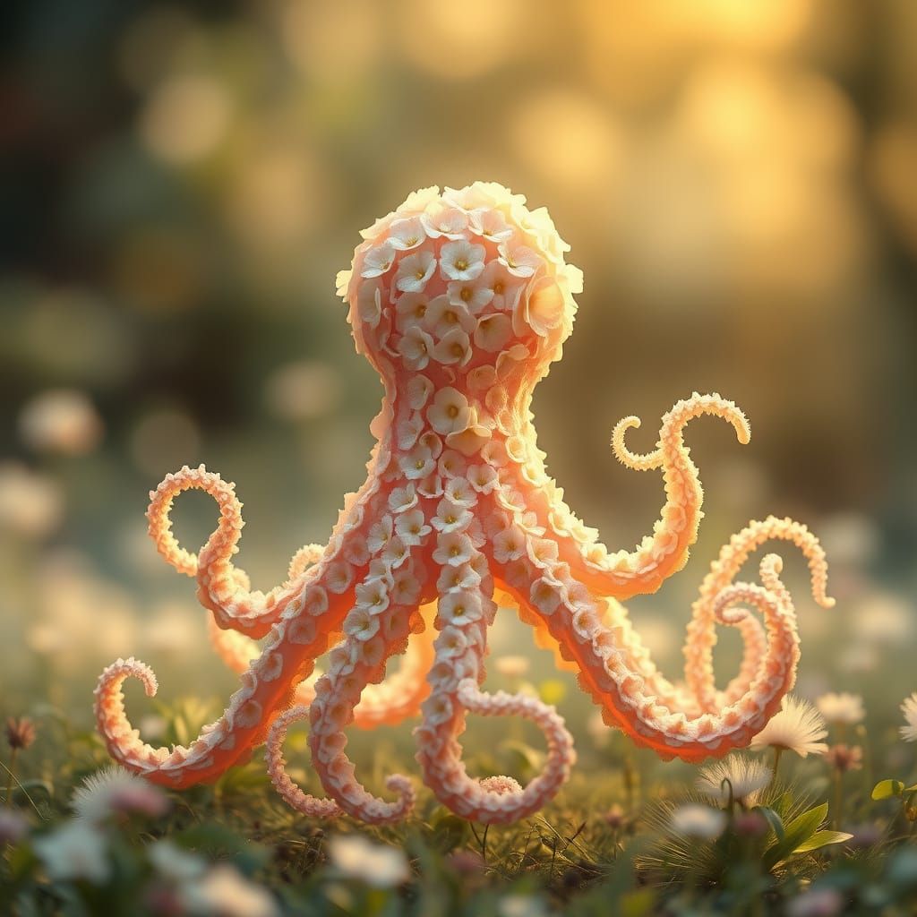 Whimsical Floral Octopus in Misty Garden