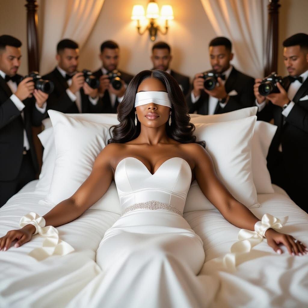Black Woman in Wedding Dress Posed on Bed with Photographers