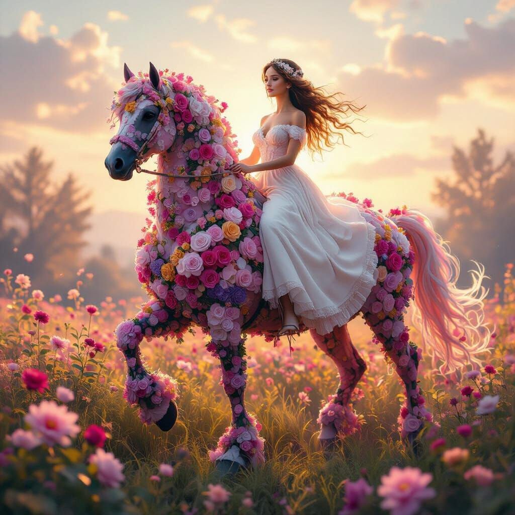 Woman Rides Majestic Flower Horse at Sunrise