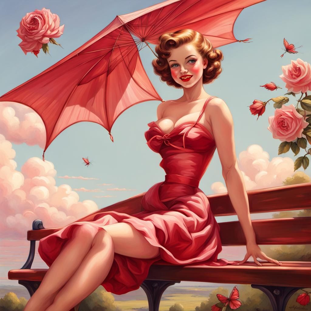 Vintage Pin-Up Art of Woman with Kite