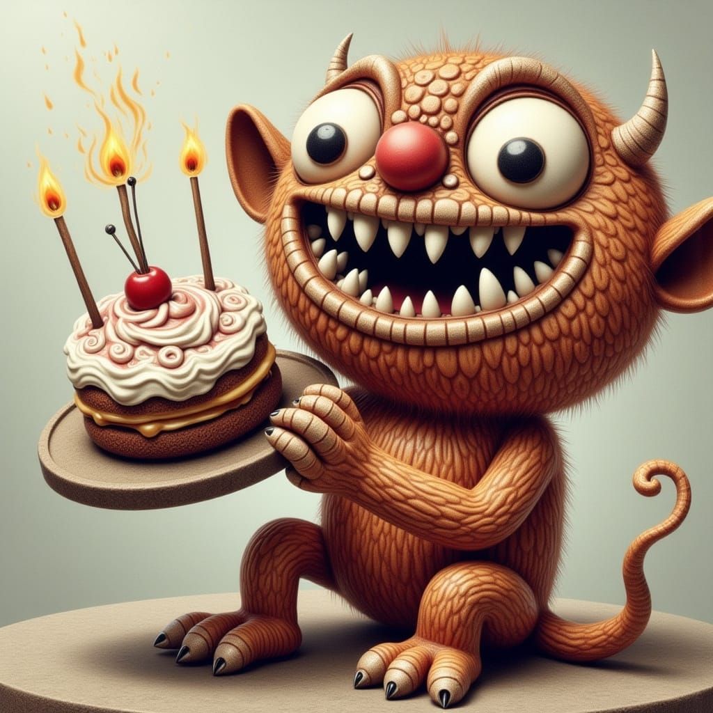 Crayon Monster Holding Cute Cake in Whimsical Style