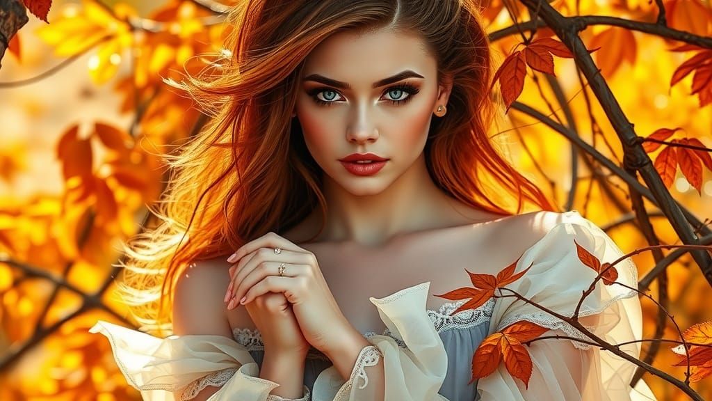 Autumn Woman in Flowing Gown: Digital Art