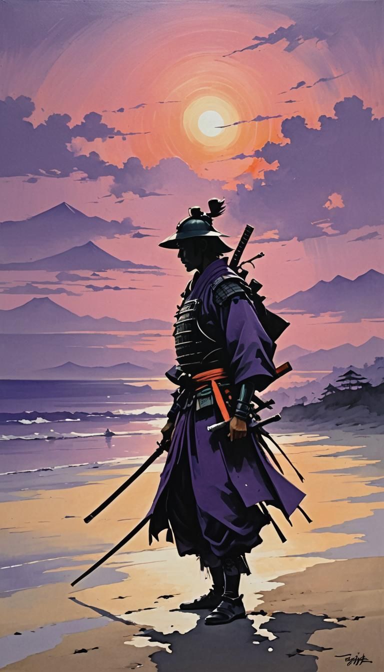 Avant garde dramatic silhouette painting of a samurai against a sandy beach sunset hues of lavender violet pink orange r...