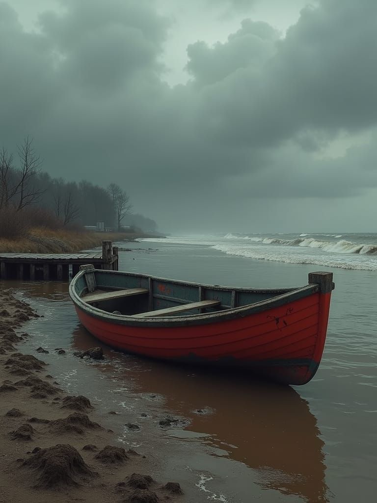 Eerie Capsized Rowboat on Riverbank in Hyperrealistic Style