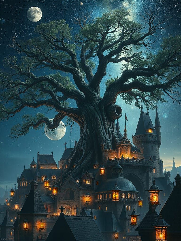 Celestial Medieval City Under Starry Sky