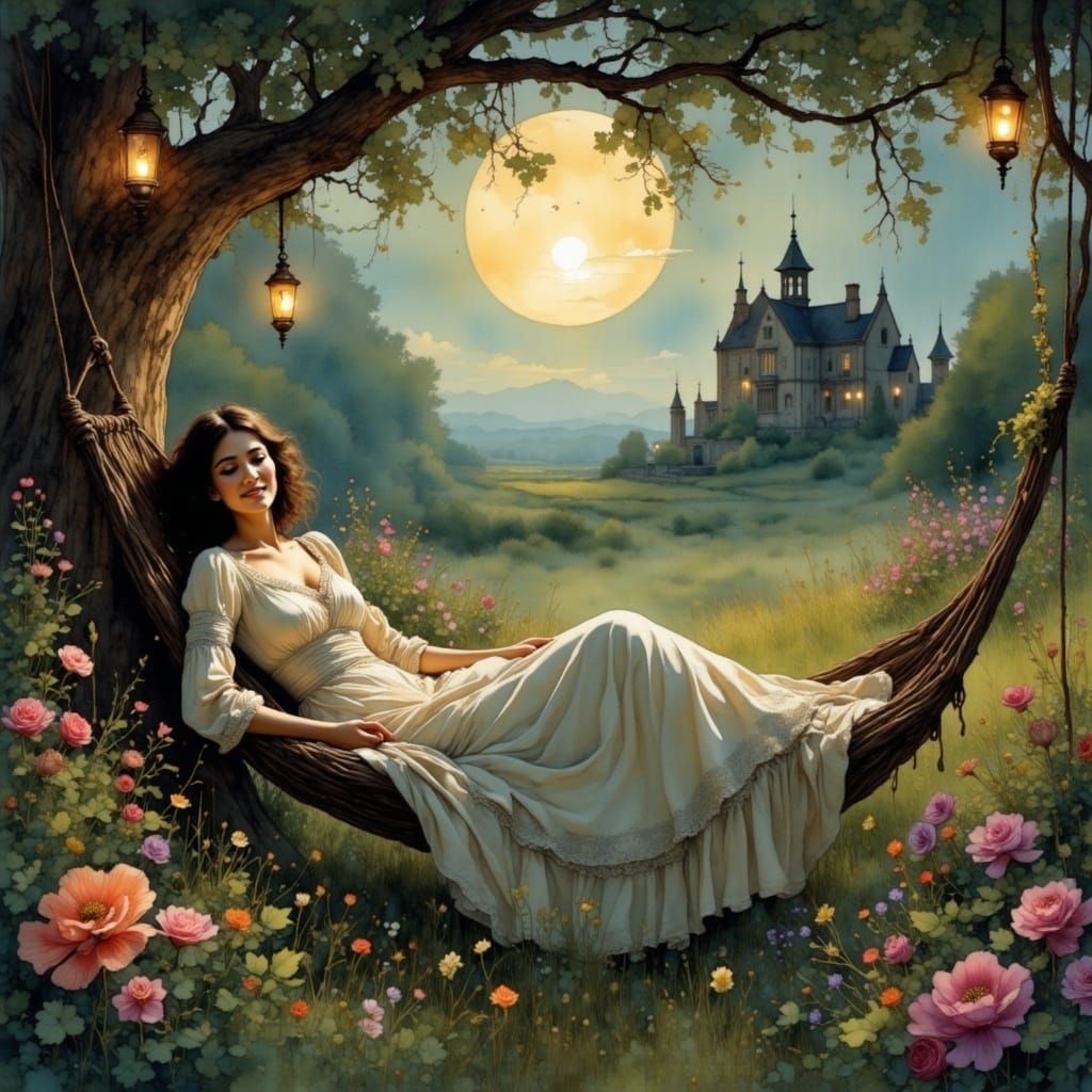 Woman in Hammock Under Moonlit English Garden