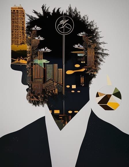 Peaceful Silhouette Portrait with Cityscape, Digital Art