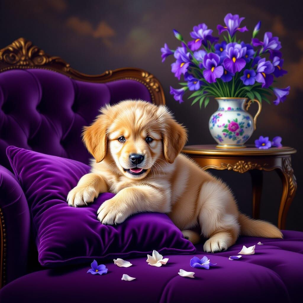 Golden Retriever Puppy Destroys Pillow on Purple Couch
