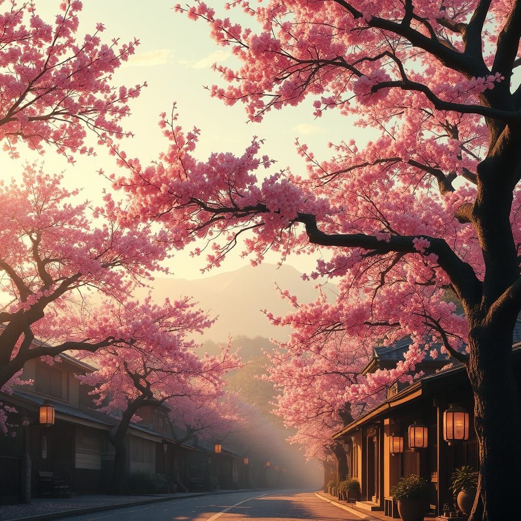 Ethereal Cherry Blossom Street Scene in Vibrant Pink