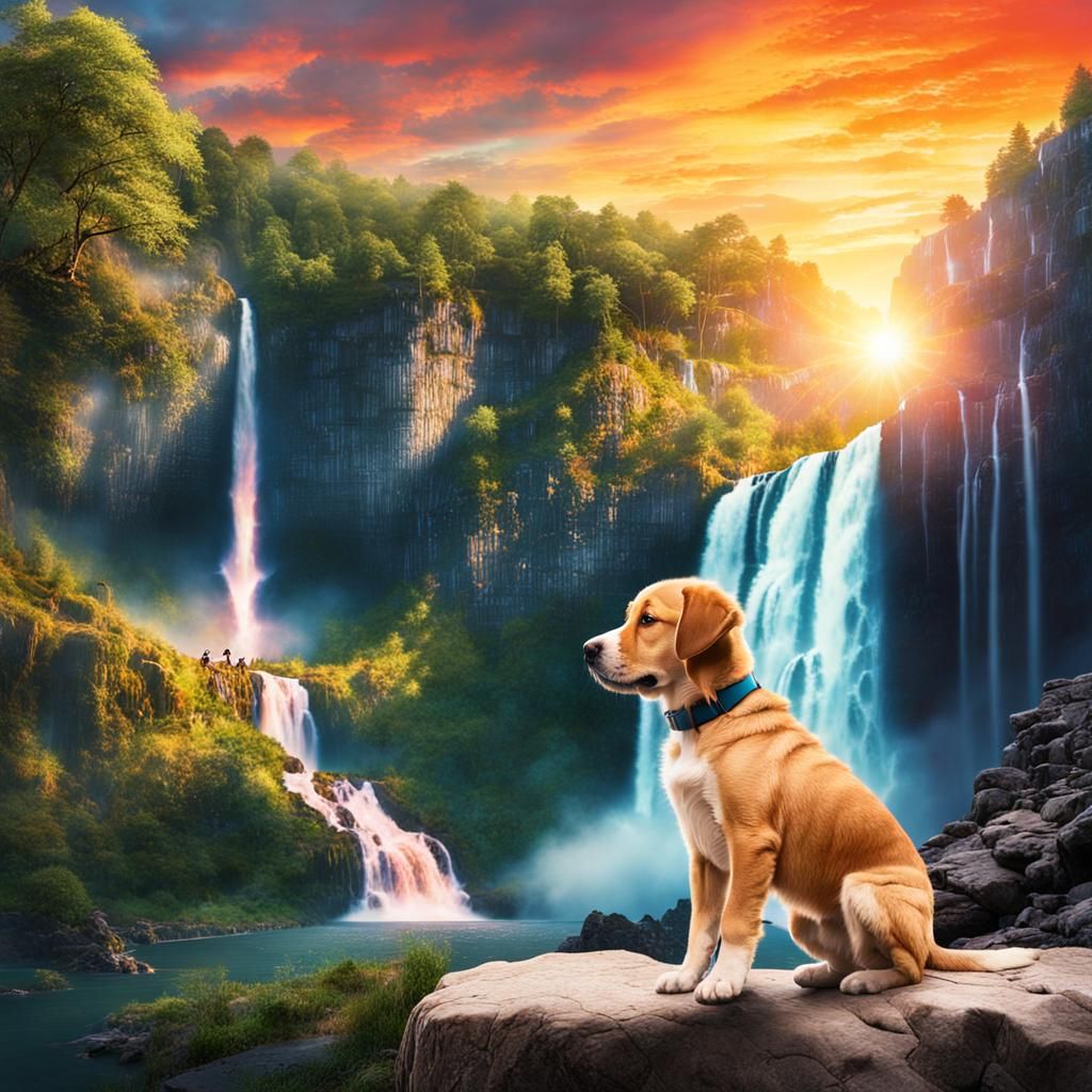Double Exposure: Puppy and Sunset Waterfall