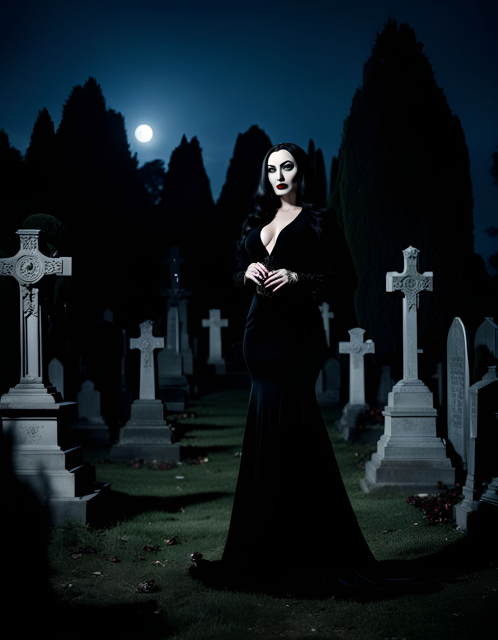 Morticia Addams Portrait with Black Roses