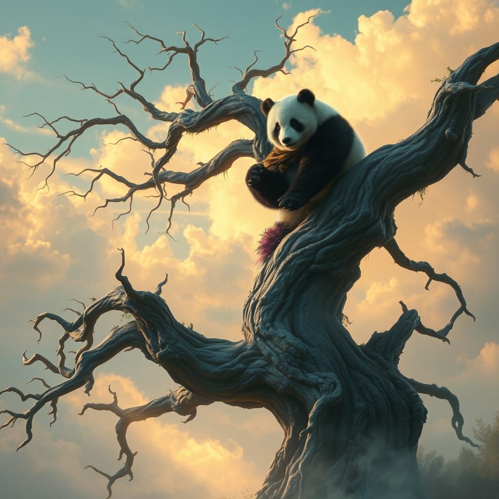 Enchanted Panda Ascends Ancient Tree in a Whimsical Dreamsca...