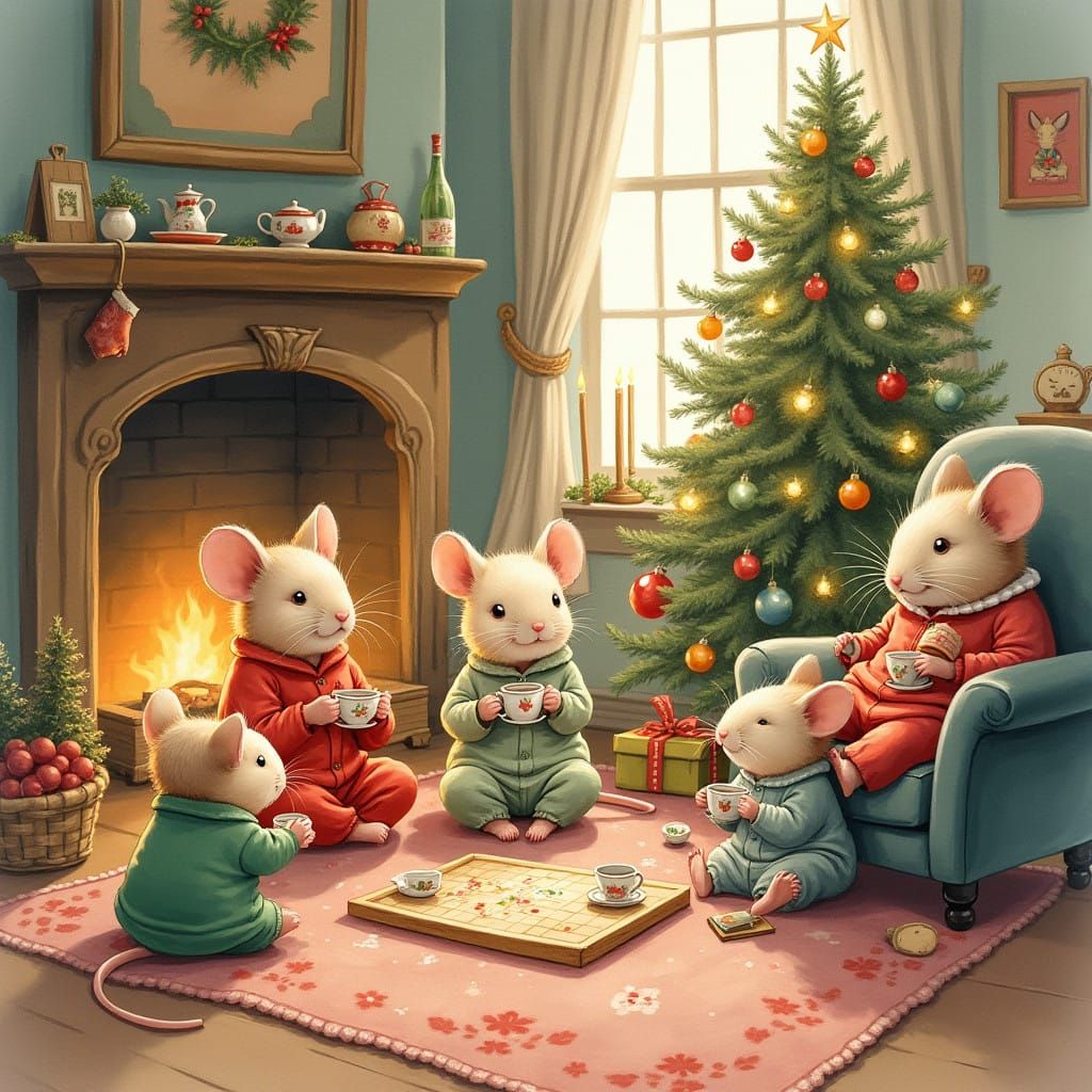 Whimsical Watercolor Mice in Cozy Christmas Scene