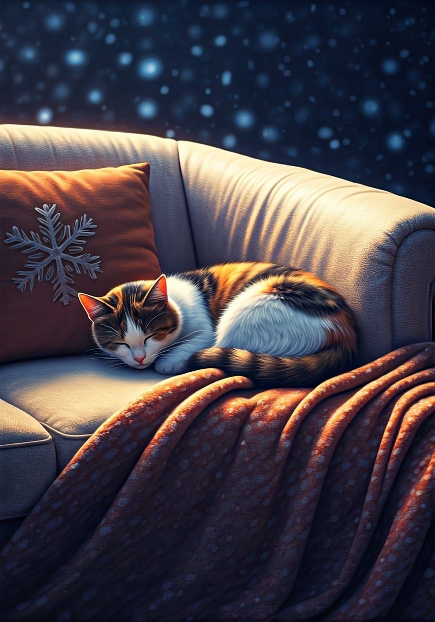 Serene Calico Cat in Cozy Winter Scene