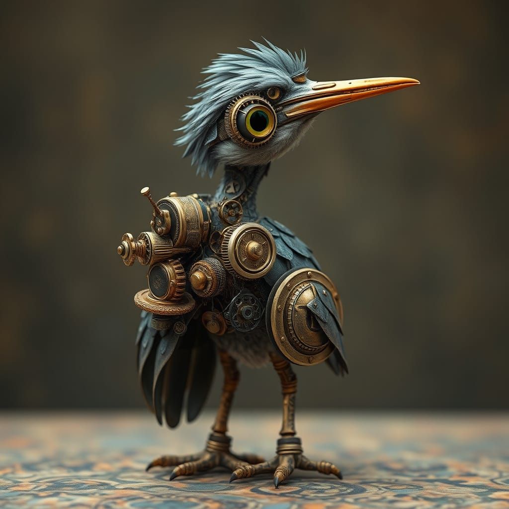 Steampunk Baby Heron with Mechanical Details