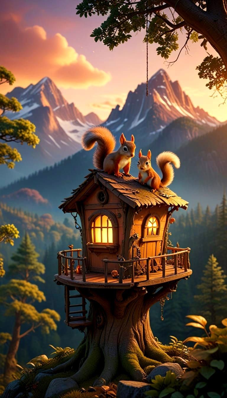 Surreal Squirrel Couple's Whimsical Treehouse Retreat in Nat...