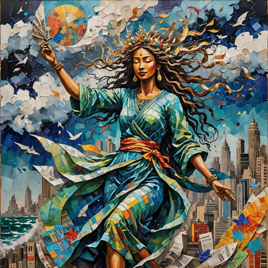 Goddess of the Wind: Vibrant Mixed Media Painting