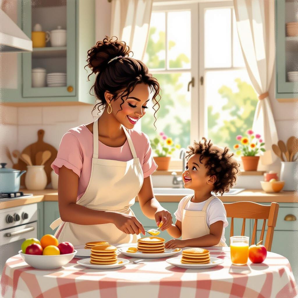 Mother and Child Prepare Breakfast in Whimsical Style