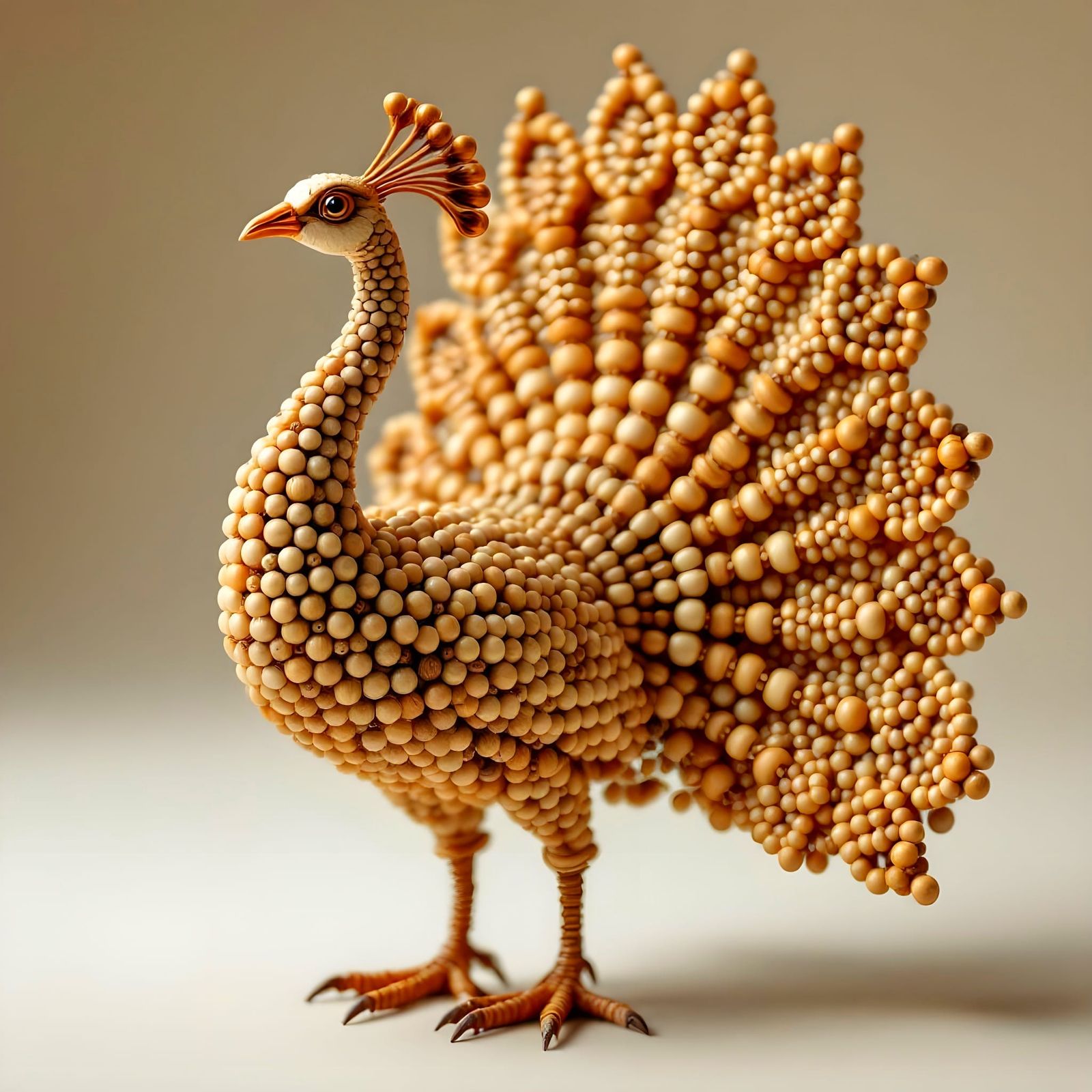 Wooden Bead Peacock Sculpture: Artisan Bird Art