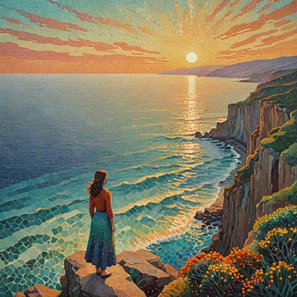 Pointillist Sunset Over Turquoise Ocean with Woman