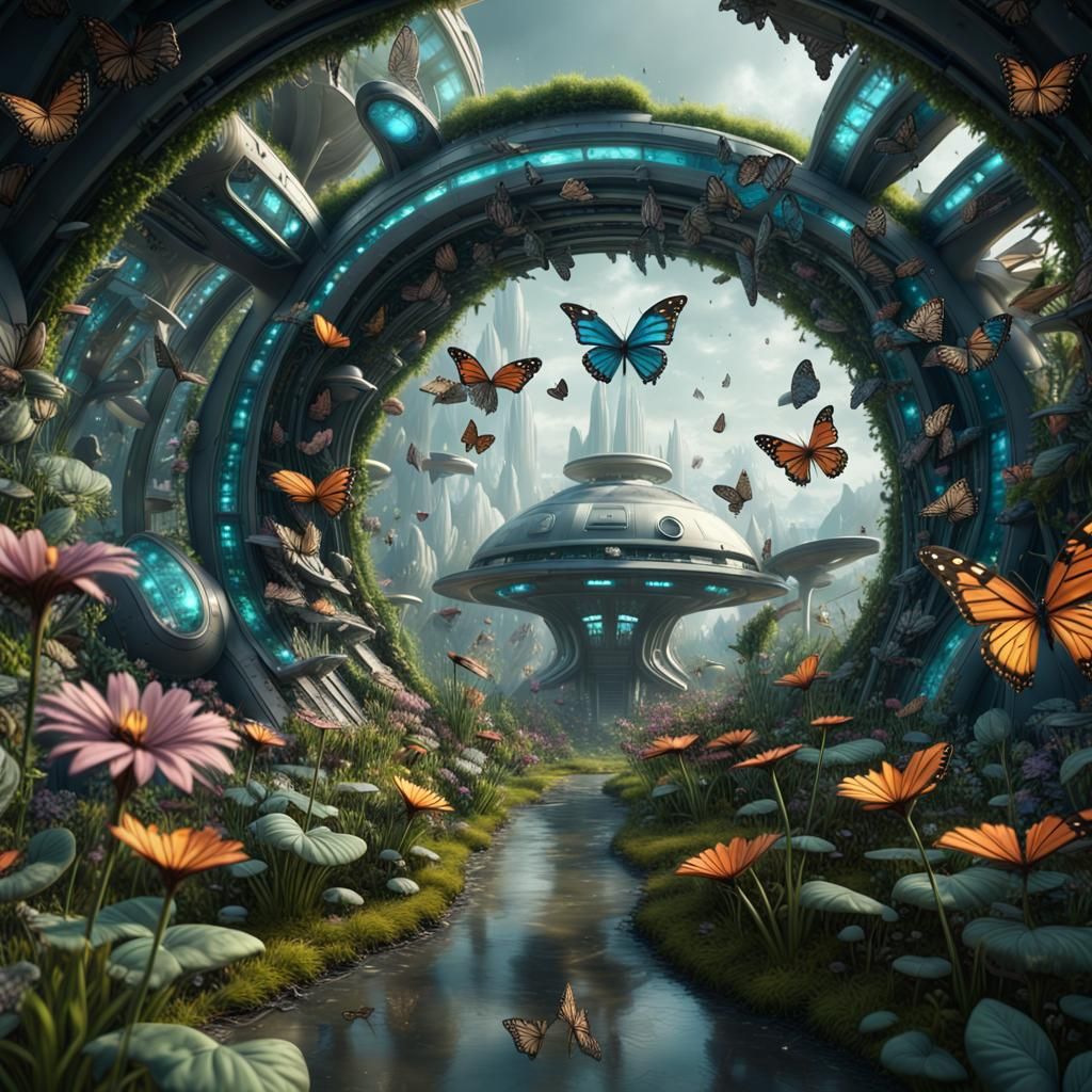 Alien Butterflies in Spaceship Eco-Garden: Fantasy Concept A...
