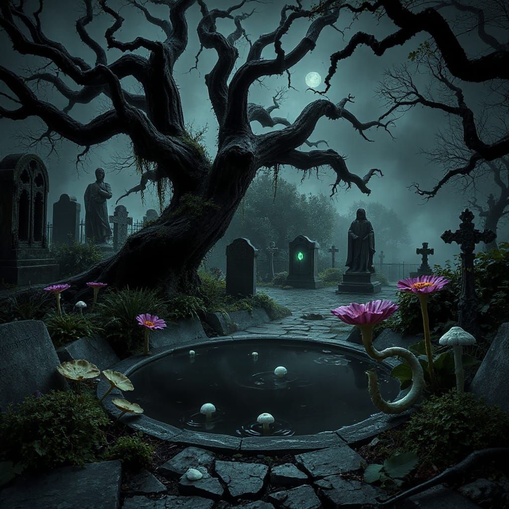 Nightmarish Overgrown Garden with Bioluminescent Fungi