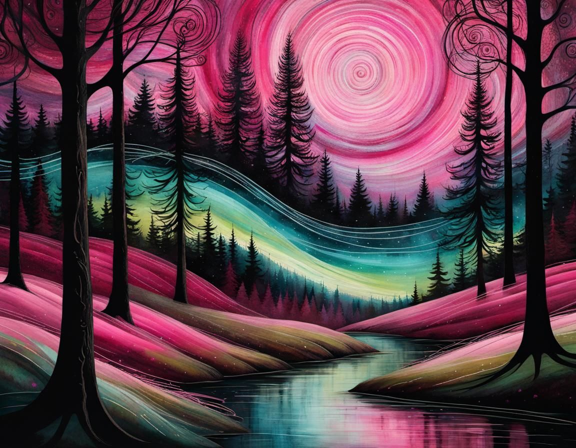 Pink Northern Lights Through Redwood Trees