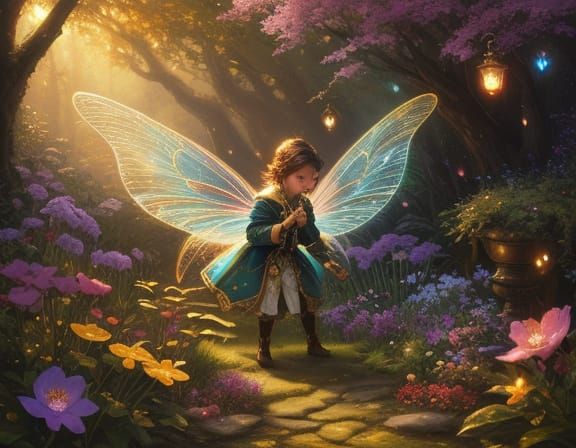 Child Exploring Magical Fairy Garden in Golden Hour Oil Pain...