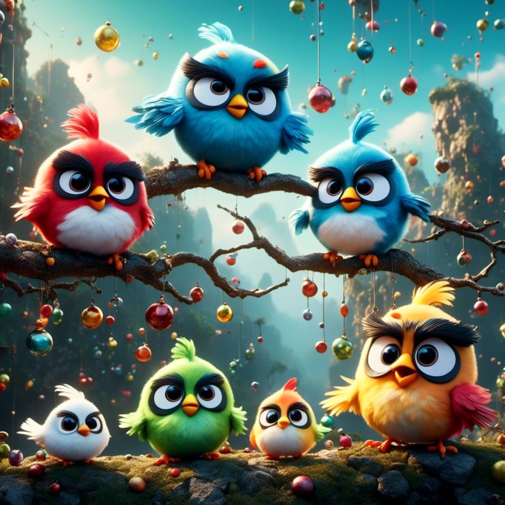 Cartoon Birds with Eyelashes in a Candy Landscape