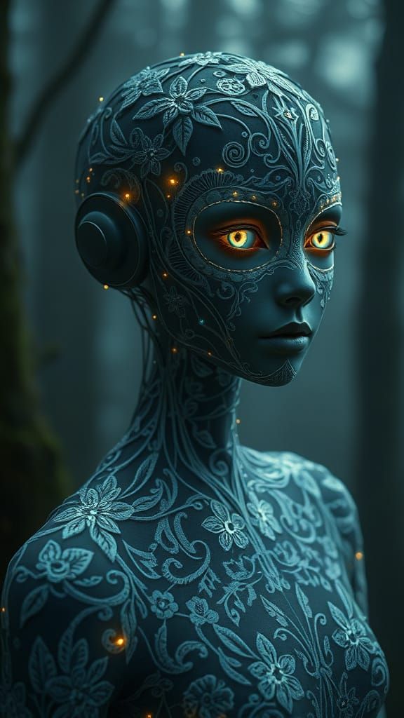 Ethereal Cyber Droid Emerges from the Mist