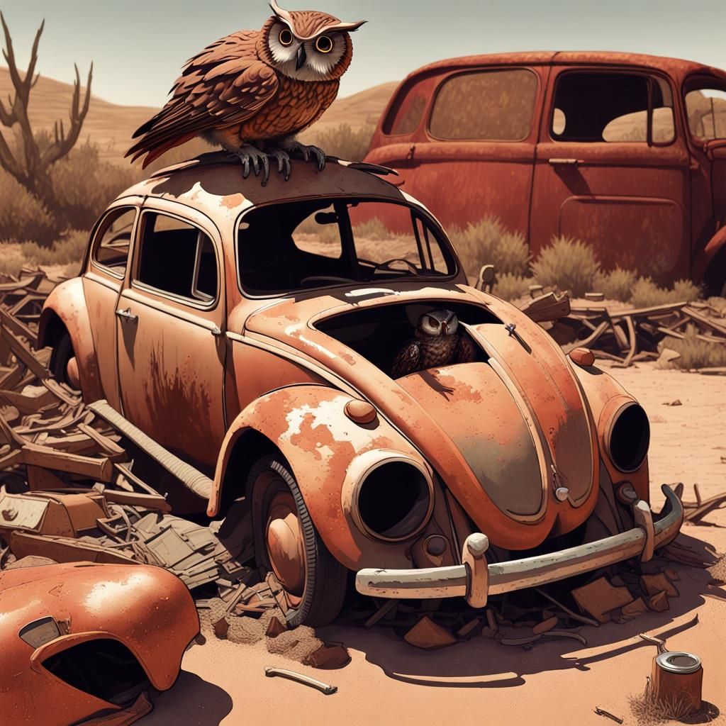 Vintage VW Beetle in Desert Junkyard with Owl