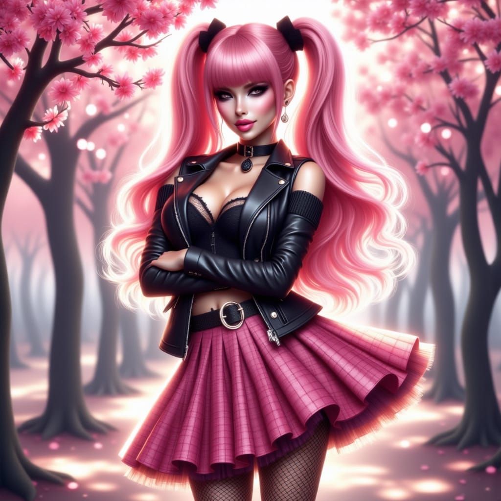 Punk Girl with Pink Hair and Cherry Blossoms