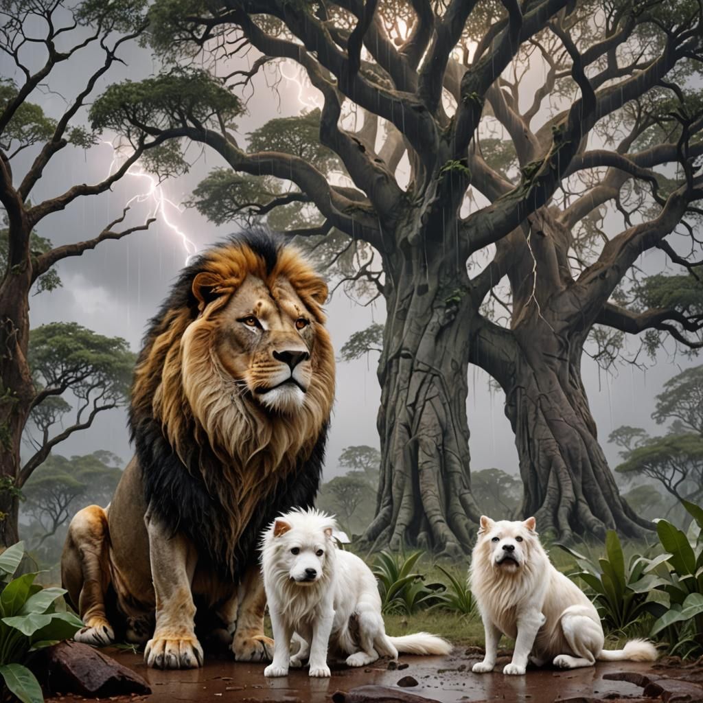 Lion Protecting Dog in Stormy Jungle, Detailed Matte Paintin...