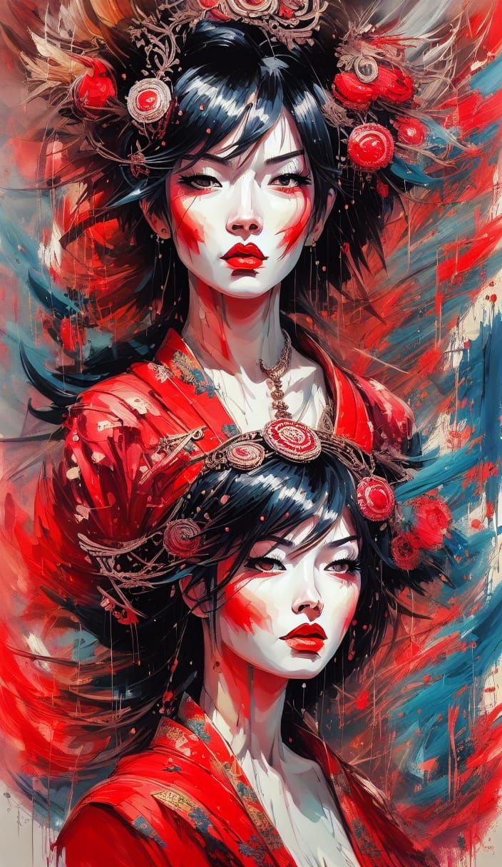 Geisha in Art Brut Gallery, Drip Painted Style