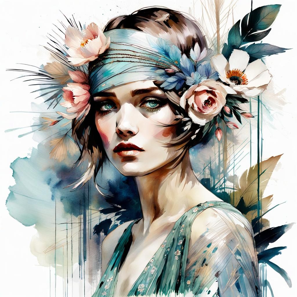 Art Deco Woman with Flowers in Pastel Colors